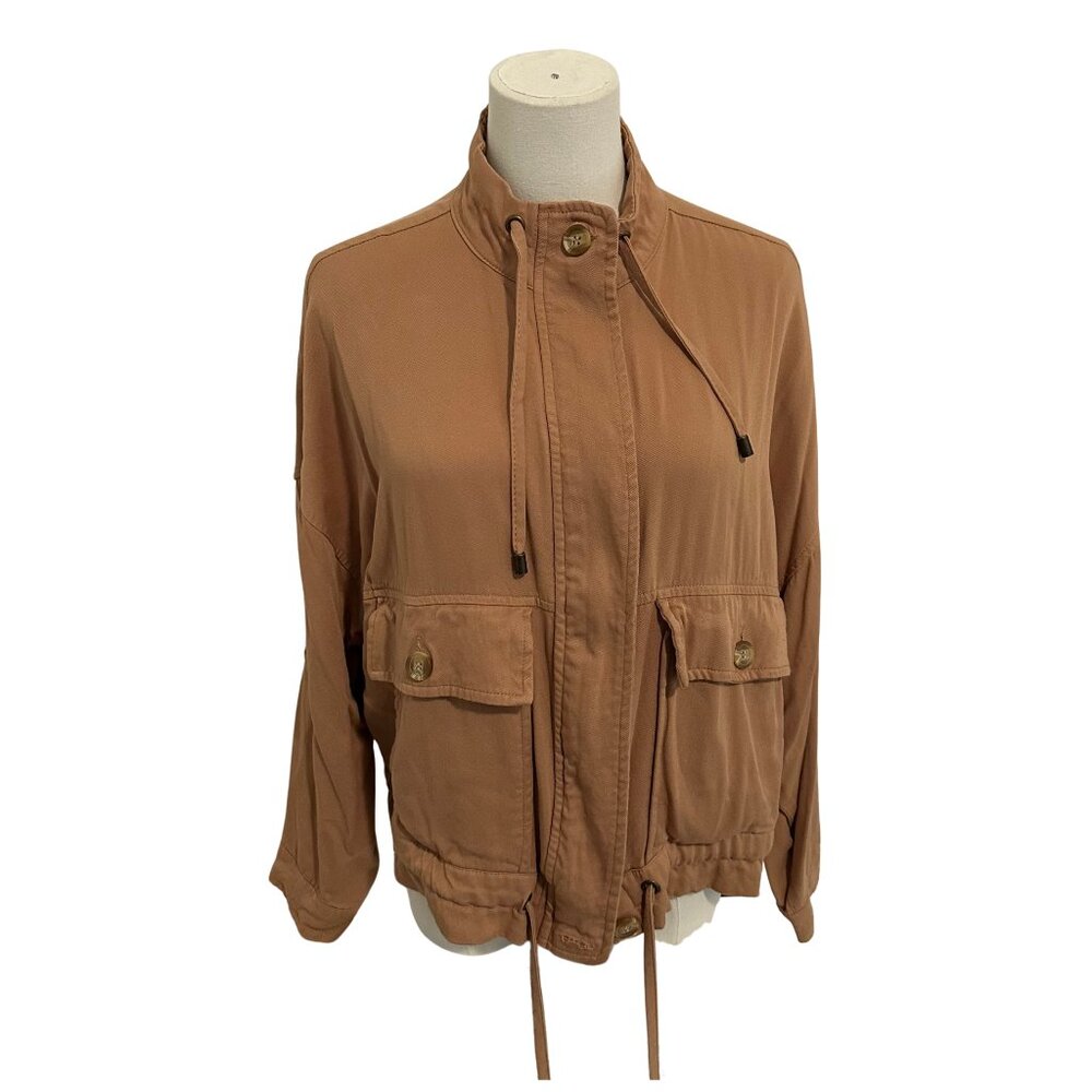 Forever Audrey Sz Small Jacket Top Cropped Cinch Bottom Tan Color